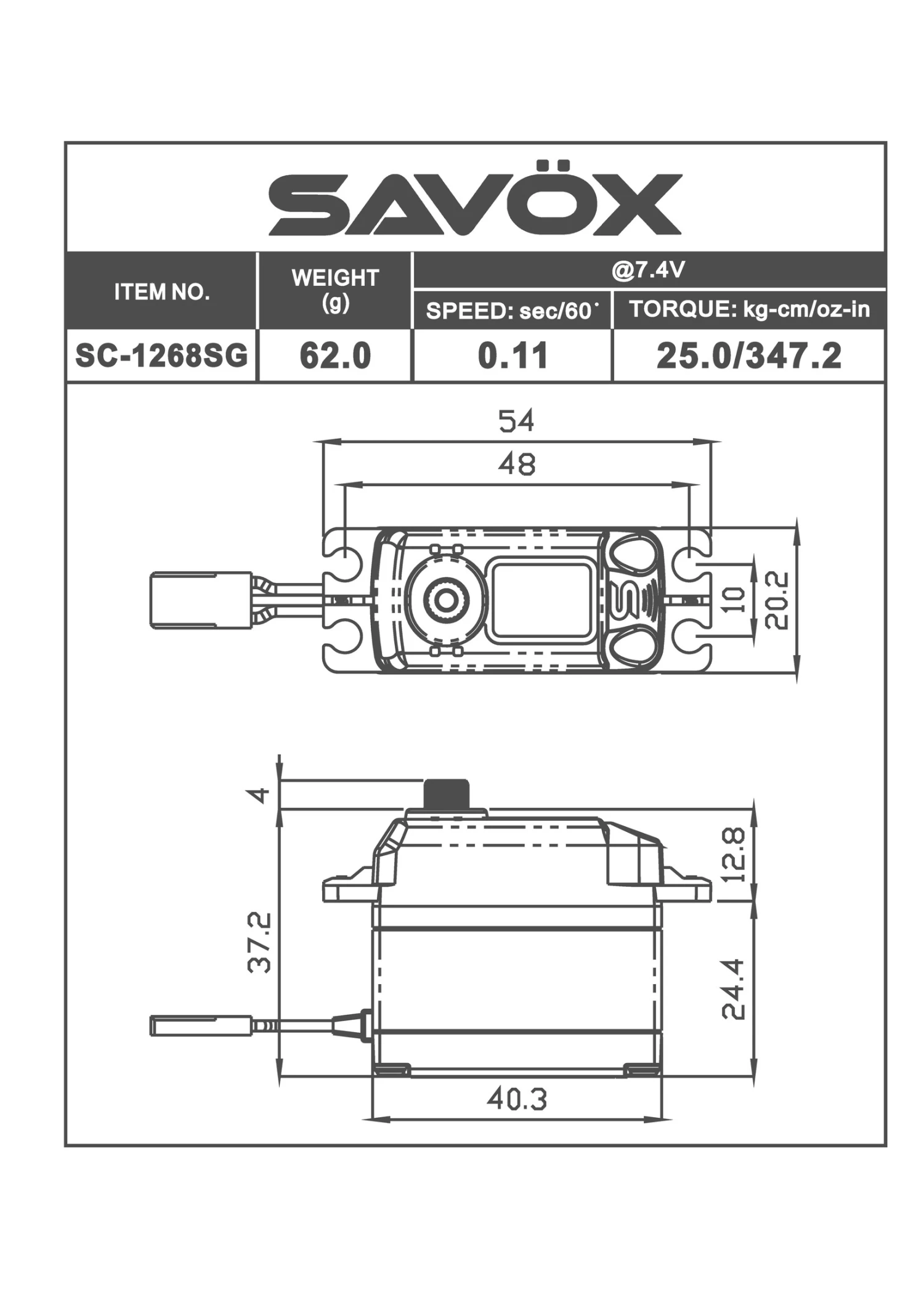 Savox SAVSC1268SG - High Torque Digital Servo 0.11sec / 347oz @7.4V - Image 2