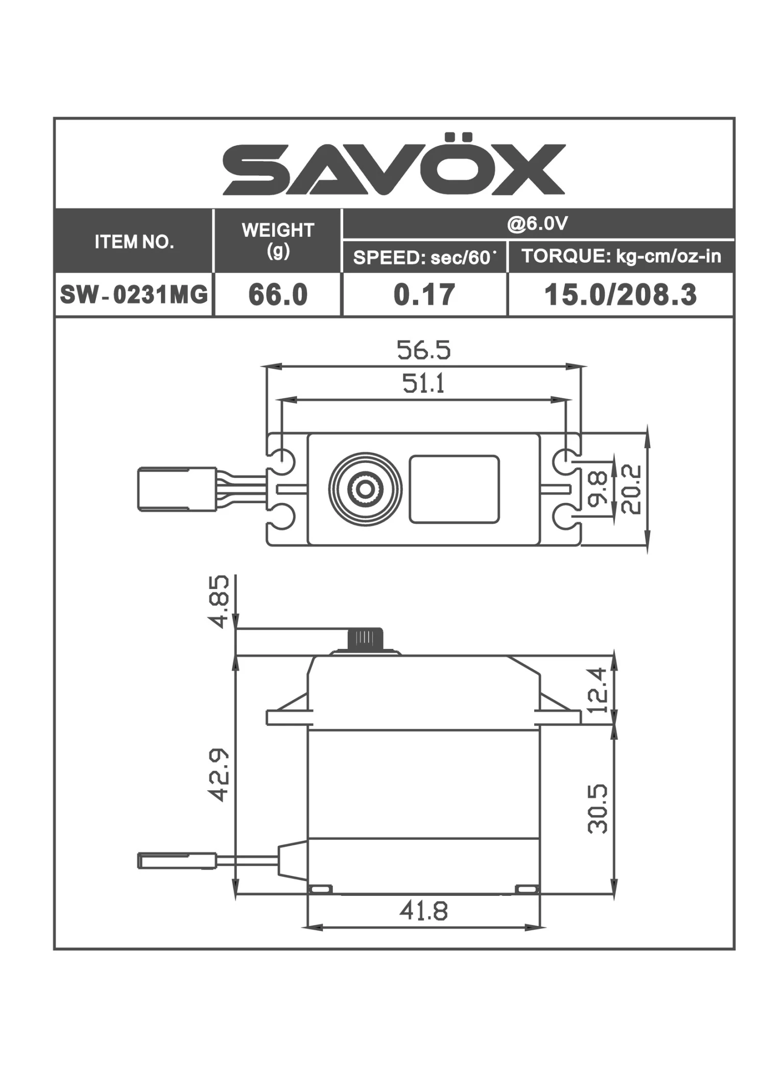 Savox SAVSW0231MG - Waterproof Standard Digital Servo 0.15sec / 208oz @ 6V - Image 2